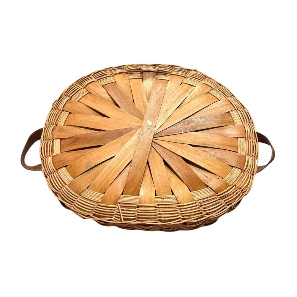 Handcrafted Woven Wood Chip and Dip Basket Oval Serving Tray Leather Handles